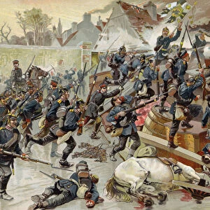 Storming of the great barricade at the entrance to Le Bourget by the Queen Elisabeth 3rd Regiment of Grenadier Guards, Franco-Prussian War, 30 October 1870 (chromolitho)