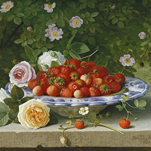 Strawberries in a Blue and White Buckelteller with Roses and Sweet Briar on a Ledge