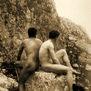 Study of two male nudes sitting back to back, c. 1898 (sepia photo)