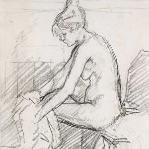 Study of a Nude Female, seated, drying her right Foot (charcoal)