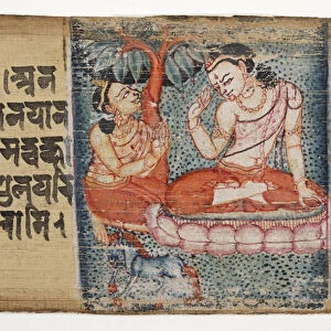 Sudhana kneeling before a bodhisattva, from the Gandavyuha (opaque w / c & ink on palm leaf