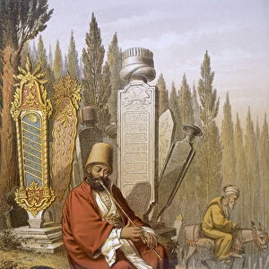 Sufi, playing the ney, sits in a Turkish cemetery among the inscribed grave slabs
