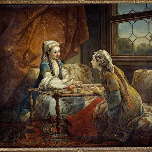 Two sultans working in a tapestry. Painting of the French school, 1754