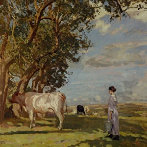 Summer Mornings, A Milk Maid and Cattle, 1919 (oil on canvas)