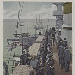 Sunday inspection on board a French warship (colour photo)