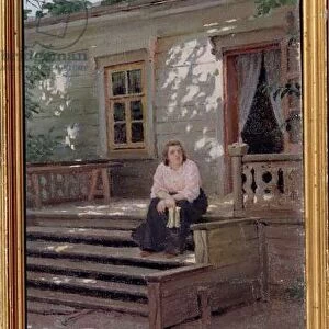 Sur le perron (At the Porch). Une femme seule assise sur des escaliers devant une maison et qui semble attendre quelqu un. Peinture de Jakov Jakovlevich Kalinichenko (1869-1938), huile sur toile, 1900. Art russe fin 19e debut 20e siecle