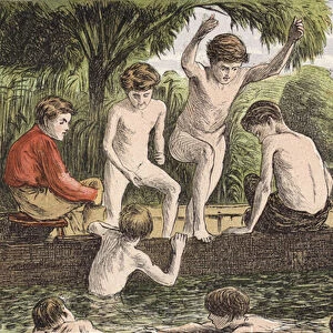 Swimming (coloured engraving)