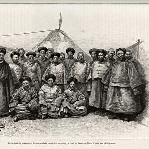 The ta lama, the ta amban and the other chiefs from Lhasa (Tibet, China). Engraving by A. Paris, to illustrate the story "From Paris to Tonkin, through unknown Tibet"by Gabriel Bonvalot (1853-1933), in 1889-1890, in Le tour du monde