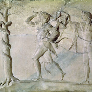 Tablet depicting Hercules carrying off the Delphic Tripod in front of Apollo (marble)