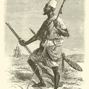 Talibe in war dress, Senegambia (engraving)