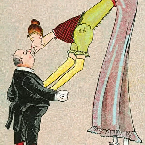 Very tall woman bending over to kiss a short man (chromolitho)