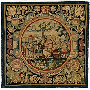 Tapestry cushion cover depicting the Flight into Egypt, made possibly in Sheldon, England, early 17th century (wool)