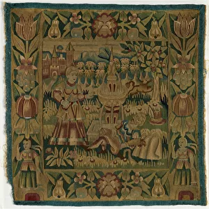 Tapestry cushion cover depicting Pyramus and Thisbe, made in Hamburg, Germany, c. 1615 (wool)
