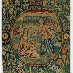Tapestry panel fragment depicting Hagar and Ishmael, made in Sheldon, England, 1600 (wool)