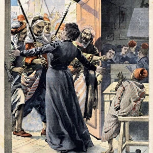 A teacher from the village of Margueritte protecting her class in front of the revolt of the Beniben Asser tribe. Engraving in "Le Petit Parisien"on 19 / 05 / 1901