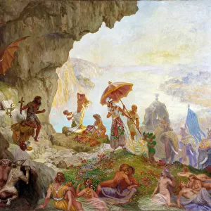 The Temptation of Saint Anthony the Great (or Saint Anthony the Hermit or Saint Anthony the Abbe) by the Queen of Sabah (or Saba) Painting by Francois Marius Valere Bernard (1860-1936) Dim. 60x73 cm