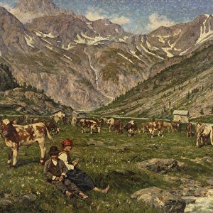 Tending the Cows (oil on canvas)