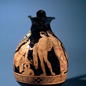 Terracotta oinochoe (oenochoe) representing a man talking with two other men, 360-340 BC