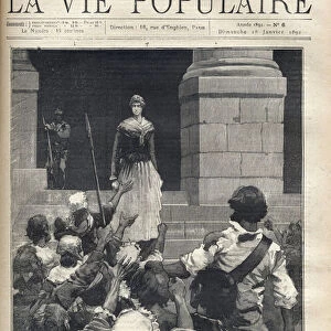 Terror during the French Revolution (1793): a young woman descends the steps of a revolutionary court in front of an angry crowd threatening her. Illustration for "L enfant"by Anatole France (1844-1924)