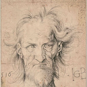 Tete d un vieil homme barbu, Saturne (Head of a Bearded Old Man "Saturn") - Dessin de Hans Baldung (1484-1545), craie noire sur papier, 1516 (33, 2x25, 5 cm) - Albertina, Vienna (Autriche)