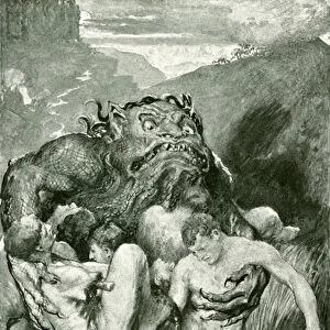"The demon of evil, with his fierce ravening, greedily grasped them"(litho)