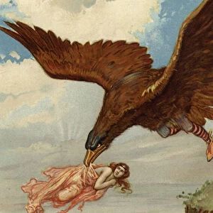 Thjassi, the giant, in his eagle plumage flew down and caught up Iduna (chromolitho)