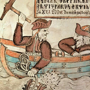 Thor fishing for the serpent of Midgard, from the boat of the giant Hymir (pen