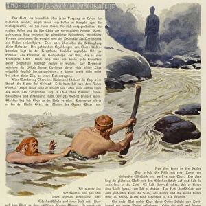 Thor wading across the river Wimur (colour litho)