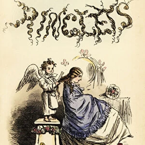 Title page with calligraphic title and vignette of winged cherub hairdresser brushing a girls hair with a comb