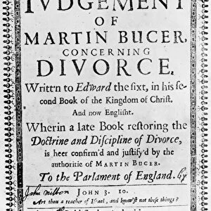Titlepage from The Judgement of Martin Bucer concerning Divorce by John Milton