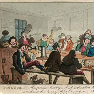 Tom and Bob in masquerade, blowing a cloud of and taking their heavy wet (coloured engraving)
