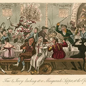 Tom and Jerry larking at a Masquerade Supper at the Opera House, London (coloured engraving)
