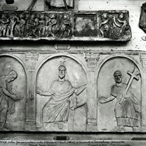 Top: Lid of a sarcophagus depicting Adam and Eve, Daniel and Jonah; Bottom