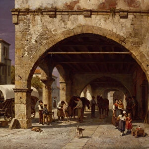 A Town scene with a Farrier (oil on canvas)