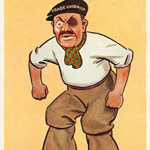 Trade unionist with a black eye caused by a brick (colour litho)