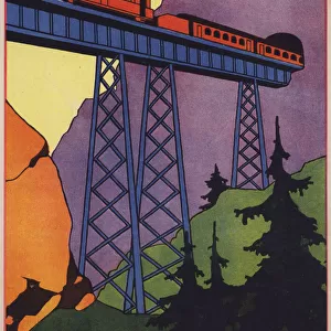 Train crossing a railway viaduct in the mountains (colour litho)