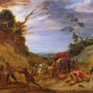 Travellers Attacked by Bandits (oil on panel)