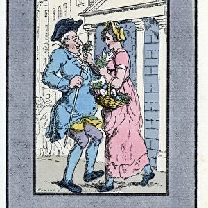 Travelling flower vendor, approaching a smiling gentleman with a small bouquet of roses (1819). Wood engraving, based on a painting by Thomas Rowlandson (1756-1827)