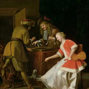 Tric-trac Players with a Lady and Her Dog (oil on canvas)