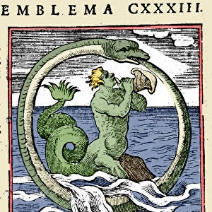 A triton and an ouroboros, illustration "Emblemata"