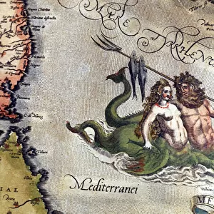 Triton and Sirene in the Mediterranean Sea. "Theatrum Orbis Terrarum"