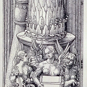 The Triumphal Arch of Emperor Maximilian I of Germany (1459-1519): detail of central Gates of Honour and Power, left-hand column base embellished with bands of foliage and winged female griffins, dated 1515, pub. 1517/18 (woodcut)