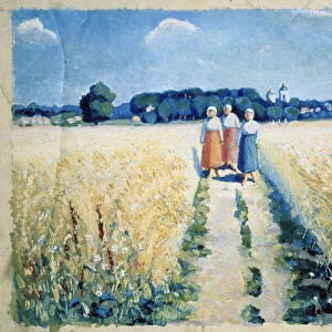 Trois femmes sur la route (Three Women on the Road). Paysannes aux pieds nus et en costume traditionnel, marchant entre les champs cultives, en plein ete, saison de la recolte agricole