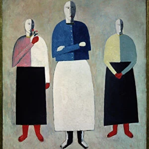 Trois femmes (Three Girls). Les trois ont le crane chauve, vetues d une jupe droite et d un gilet boutonne. Peinture de Kasimir Severinovich Malevitch (Malevich, Malevic) (1878-1935), huile sur bois, 1928-1932