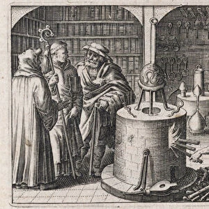 Trois savants conversent dans l atelier d alchimie, avec four et instruments - Gravure de Theodore de Bry (1528-1598), pour le traite d alchimie "Tripus avreus, hoc est