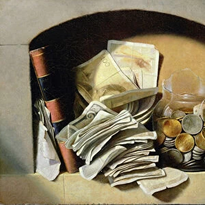 A trompe l oeil of paper money, coins and a broken glass jar in a niche