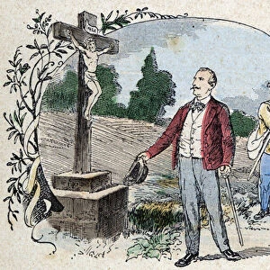 The true Christian is discovering himself before the cross. - in "All religious eignement - I believe in gods", sd. late 19th century. illustration by Jouvenot. Catechisms library. Paris. Leemage Collection