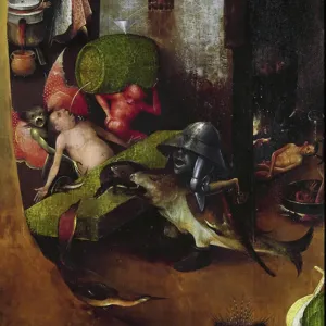 Tryptic of the Last Judgement: central panel. Detail of monstrous animals forcing a man to drink the liquid coming out of a barrel filled with excrements. (Painting on wood, c. 1504)