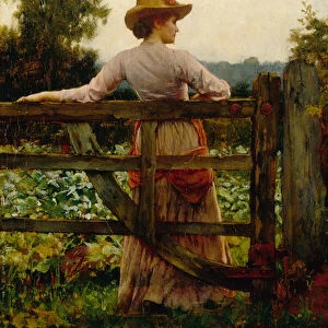 The Trysting Place, Woman Leaning on Gate (oil on panel)