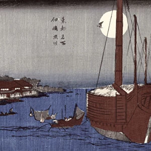 Tsukudajima island and the Fukagawa district under the full moon, from the series Toto Meisho (Famous places of Edo) (colour woodblock print)